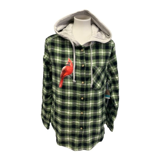 New Hand Printed Women XXL Red Cardinal Bird Plaid Flannel Long Sleeve Hoodie