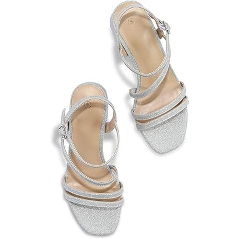 Mysoft Womens Size 9 Silver Glitter 2.5" Block Heel Open Toe Ankle Strap Shoes