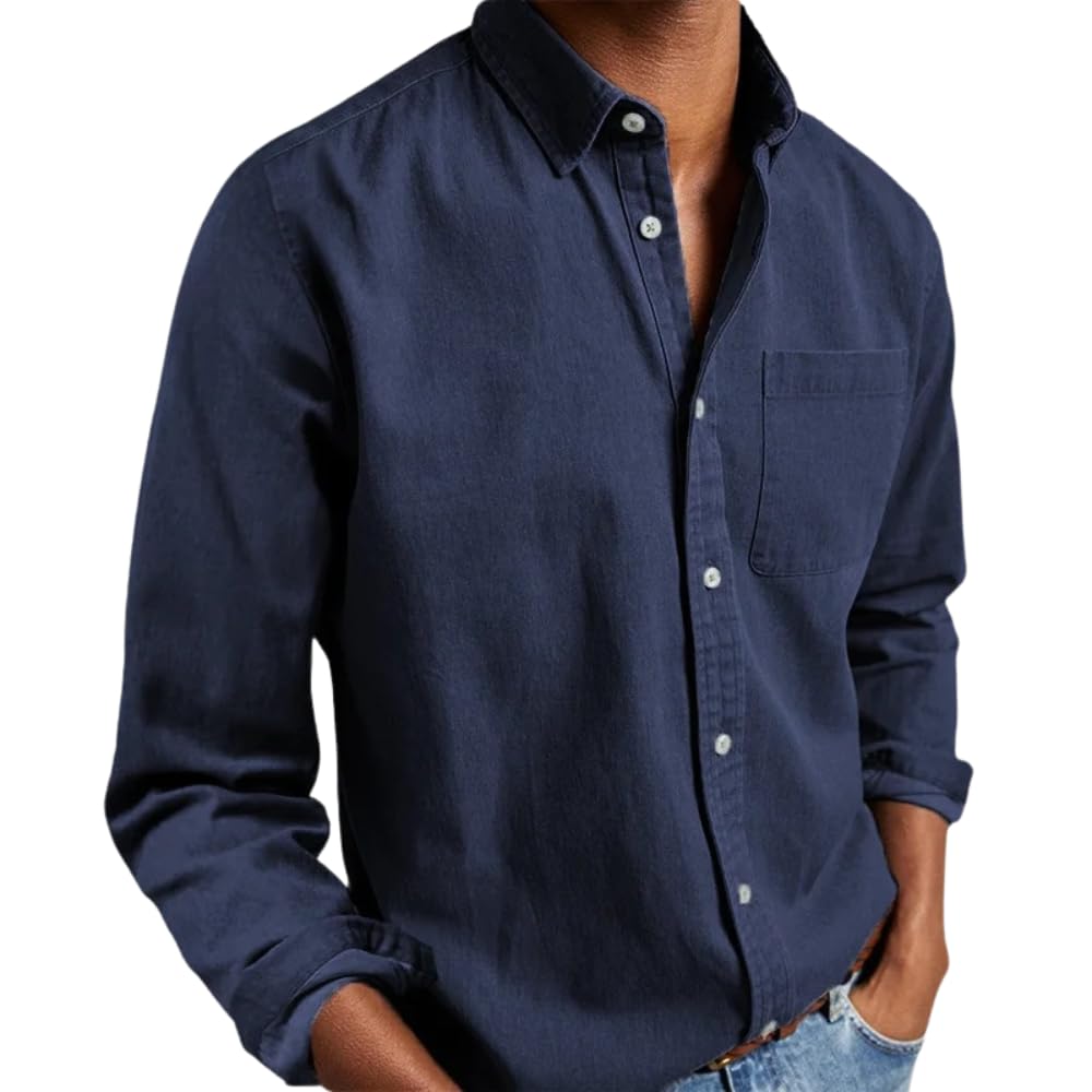 Mens Button Up Shirts Long Sleeve Lapel Collar Casual Shirt with Pockets