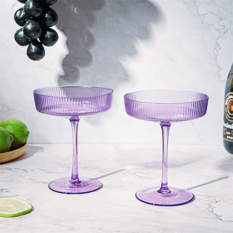 Ribbed Coupe Cocktail Glasses 8 oz | Set of 2 | Classic Manhattan Glasses For Cocktails, Champagne Coupe, Ripple Coupe Glasses, Art Deco Gatsby Vintage, Crystal with Stems (Lavender, Set of 2)-3