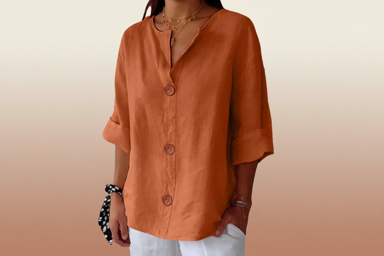 Women’s V-Neck Cotton Linen Buttoned Blouse