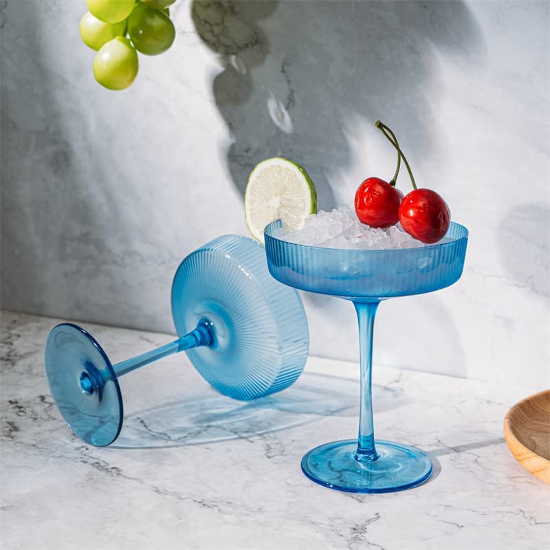 Ribbed Coupe Cocktail Glasses 8 oz | Set of 2 | Classic Manhattan Glasses For Cocktails, Champagne Coupe, Ripple Coupe Glasses, Art Deco Gatsby Vintage, Crystal with Stems (Blue, Set of 2)-2