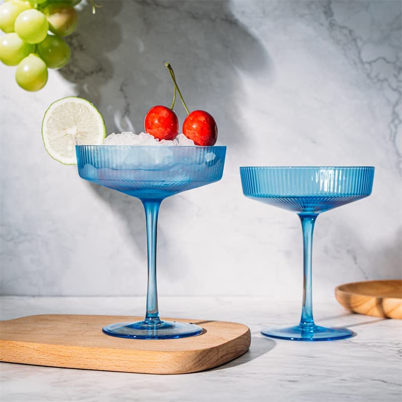 Ribbed Coupe Cocktail Glasses 8 oz | Set of 2 | Classic Manhattan Glasses For Cocktails, Champagne Coupe, Ripple Coupe Glasses, Art Deco Gatsby Vintage, Crystal with Stems (Blue, Set of 2)-1