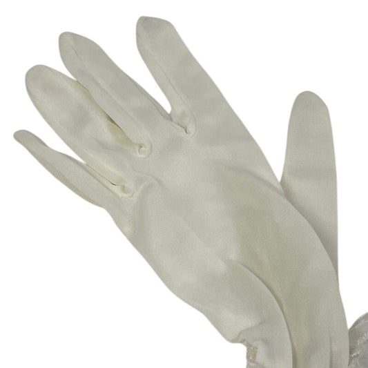 Pair of Vintage Womens Lightweight Sheer White Satin Wedding Gloves Lace Ruffles