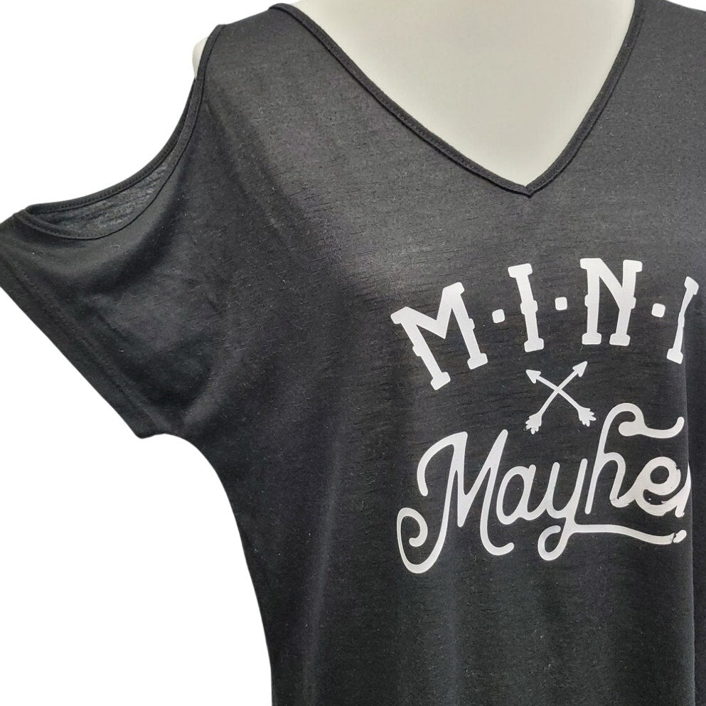 Hand Printed Upcycled Womens Small Mini Mayhem Cold Shoulder Fringed Shirt