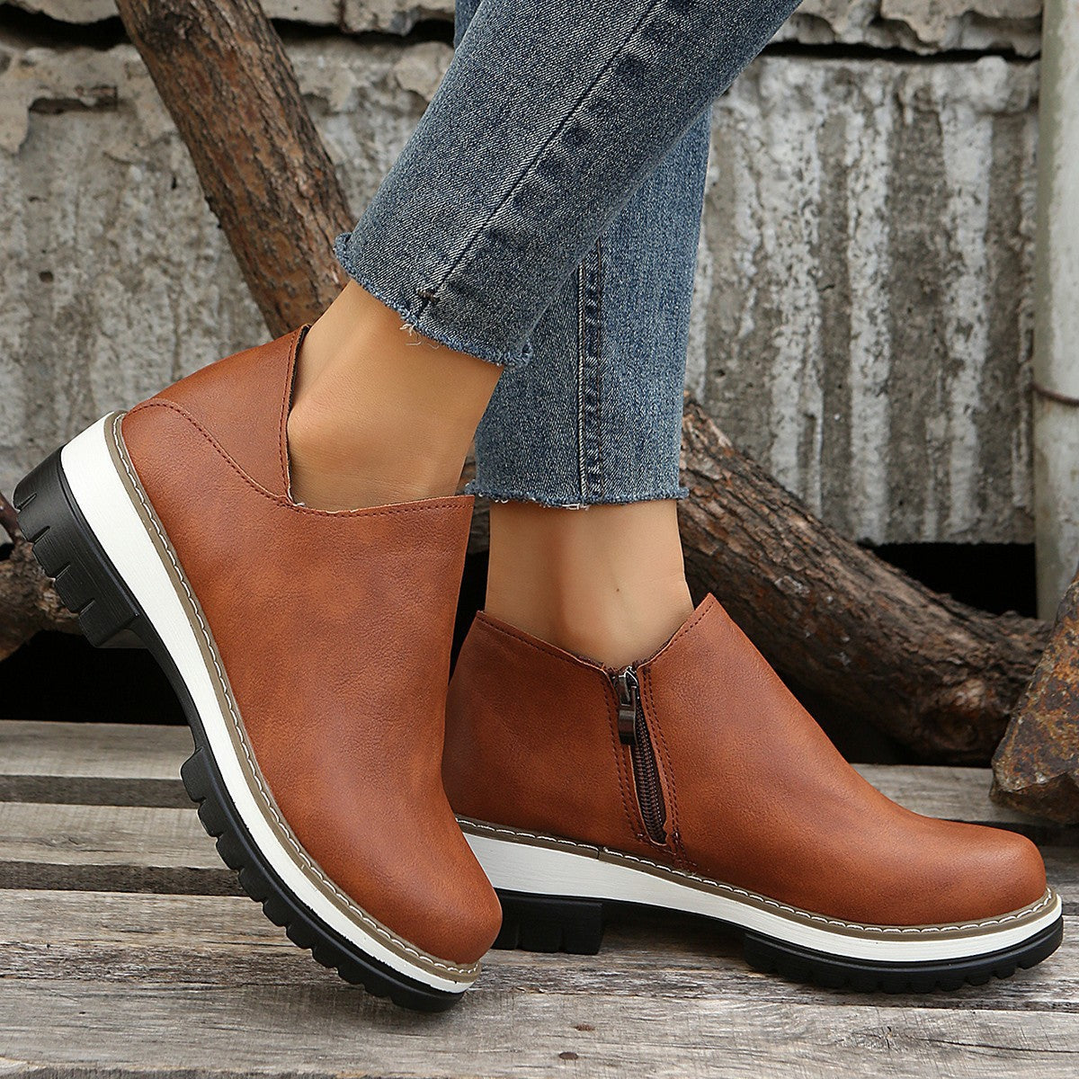 Women's single shoe low heel side zipper all season wearing style