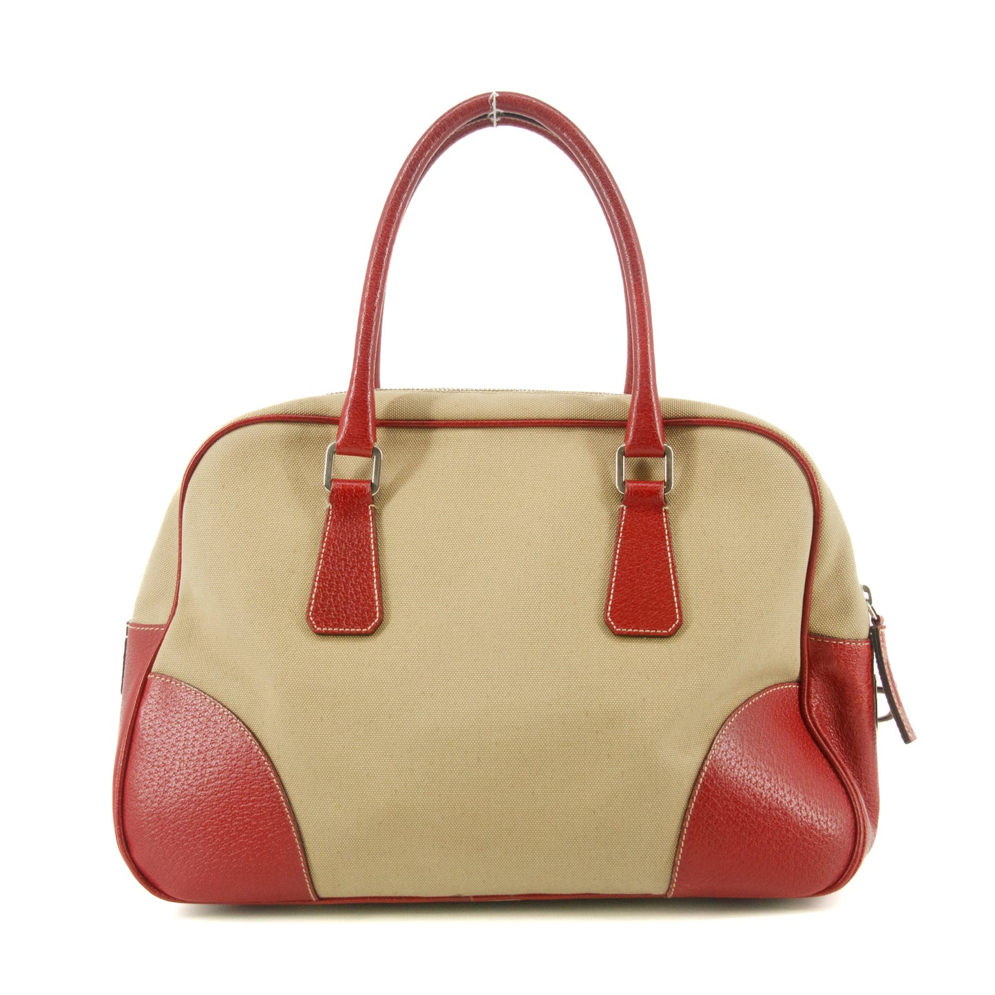 Prada Red Leather x Beige Canvas Shoulder Bag #5242
