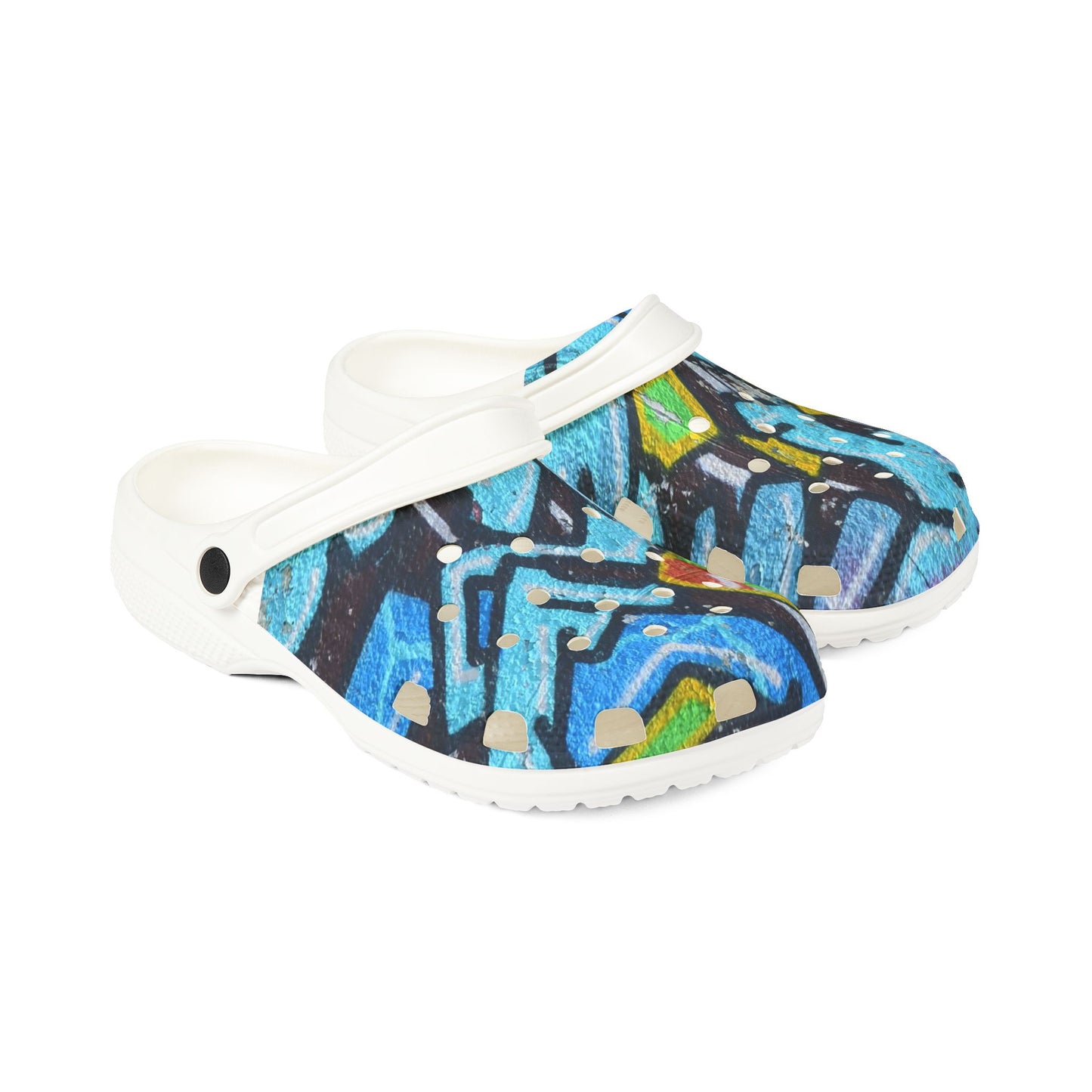 Graffiti Painted Cityscape EVA Clogs — Artistic Blue Graphic Foam Slip‑Ons