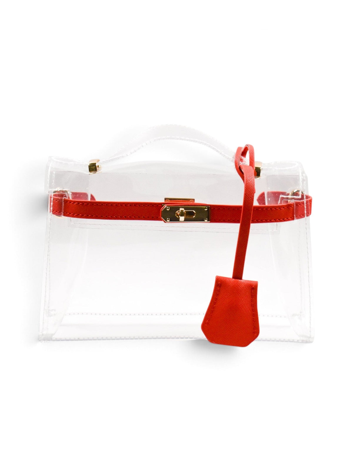 A clear acrylic handbag with a bright red leather strap and matching red hanging tag, accented by gold-tone hardware, shown on a plain white background.