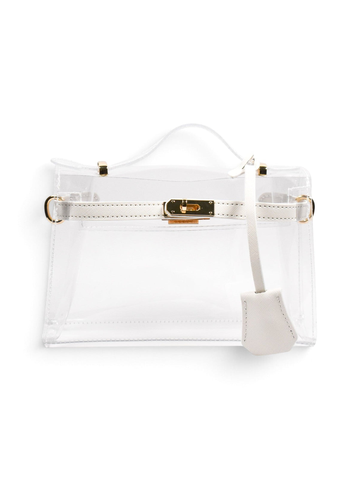 A clear vinyl handbag with white leather trim, a white top handle, a front strap closure, and gold-tone hardware, shown on a plain white background.