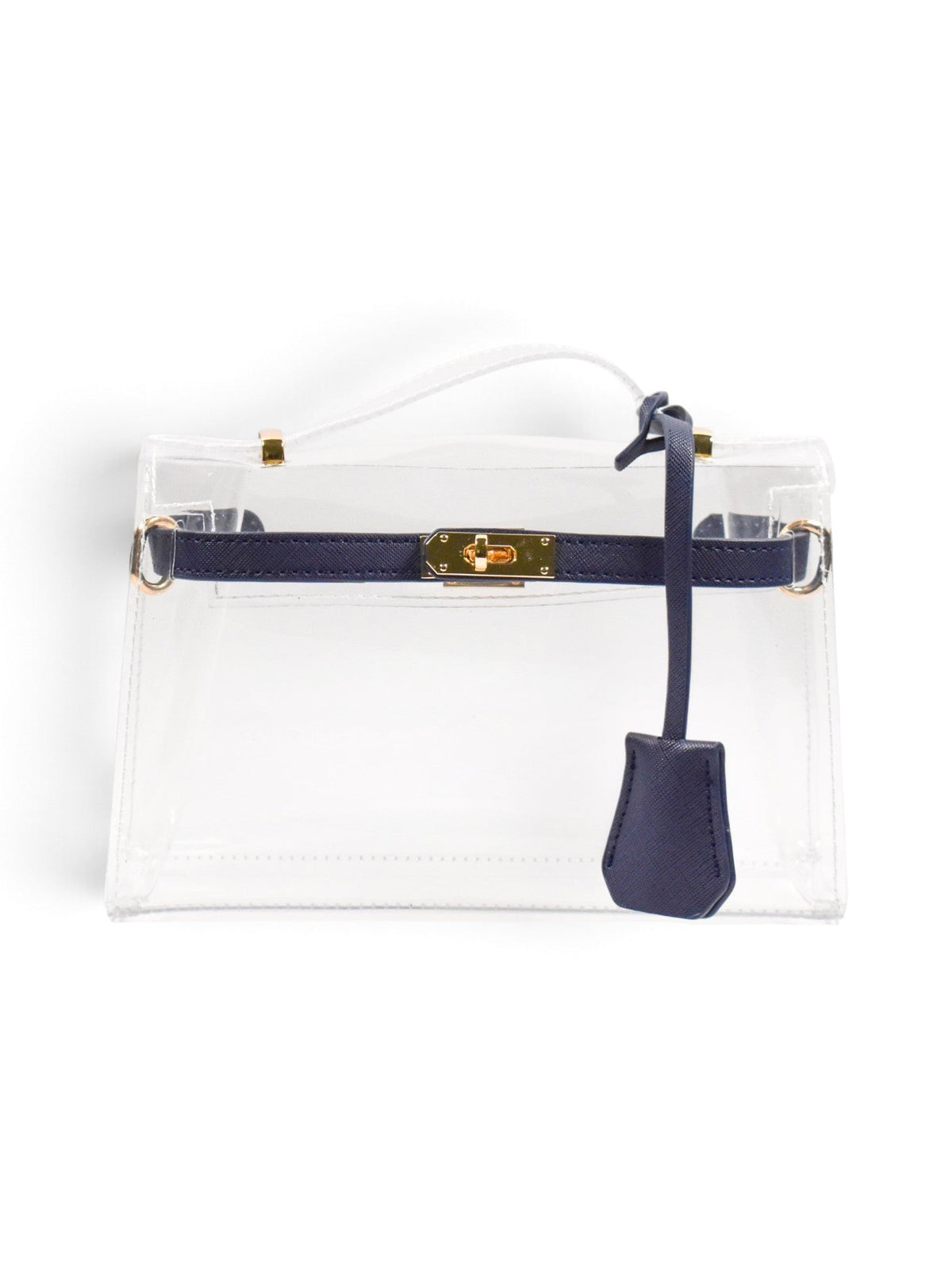 A clear vinyl handbag with a navy blue leather strap and gold-tone hardware, shown against a plain white background.