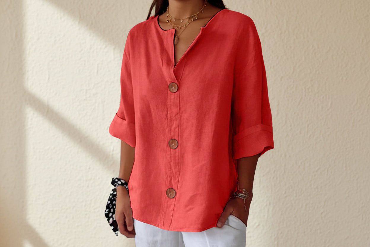 Women’s V-Neck Cotton Linen Buttoned Blouse