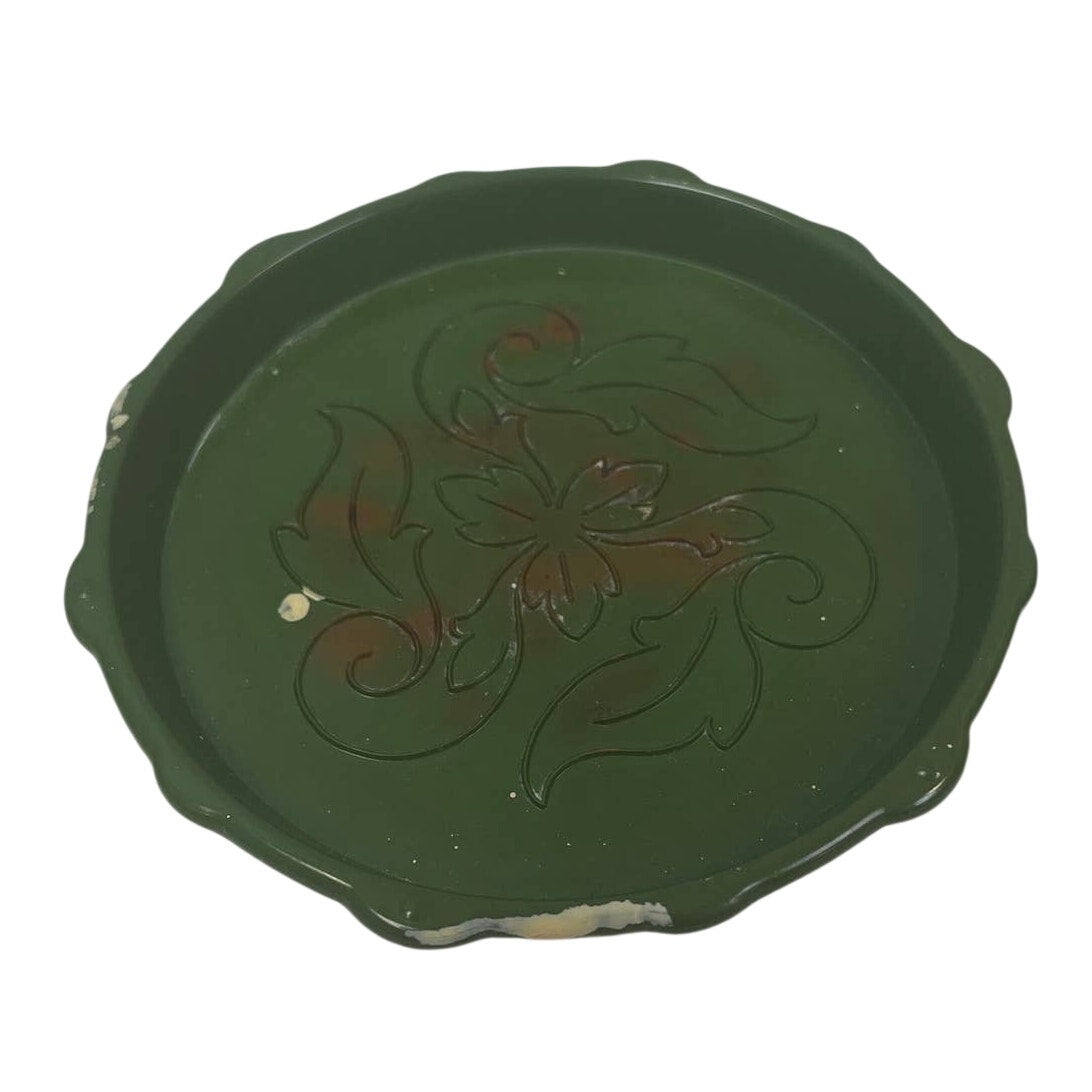 Pair of Vintage Dark Green Melamine Plastic Floral Round Coasters
