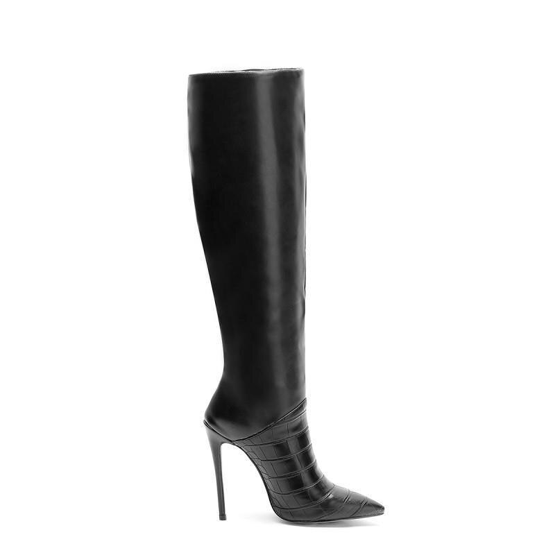 Fall Fashion Women Party Shoes Royal Blue Sexy Stone Pattern Stiletto Heel Boots Big Size 45 Pointy Toe Knee High Long Boots