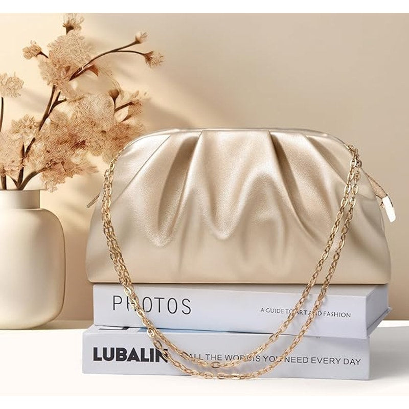 lovyoCoCo Womens Gold Pleated PU Leather Magnetic Closure Clutch Shoulder Bag