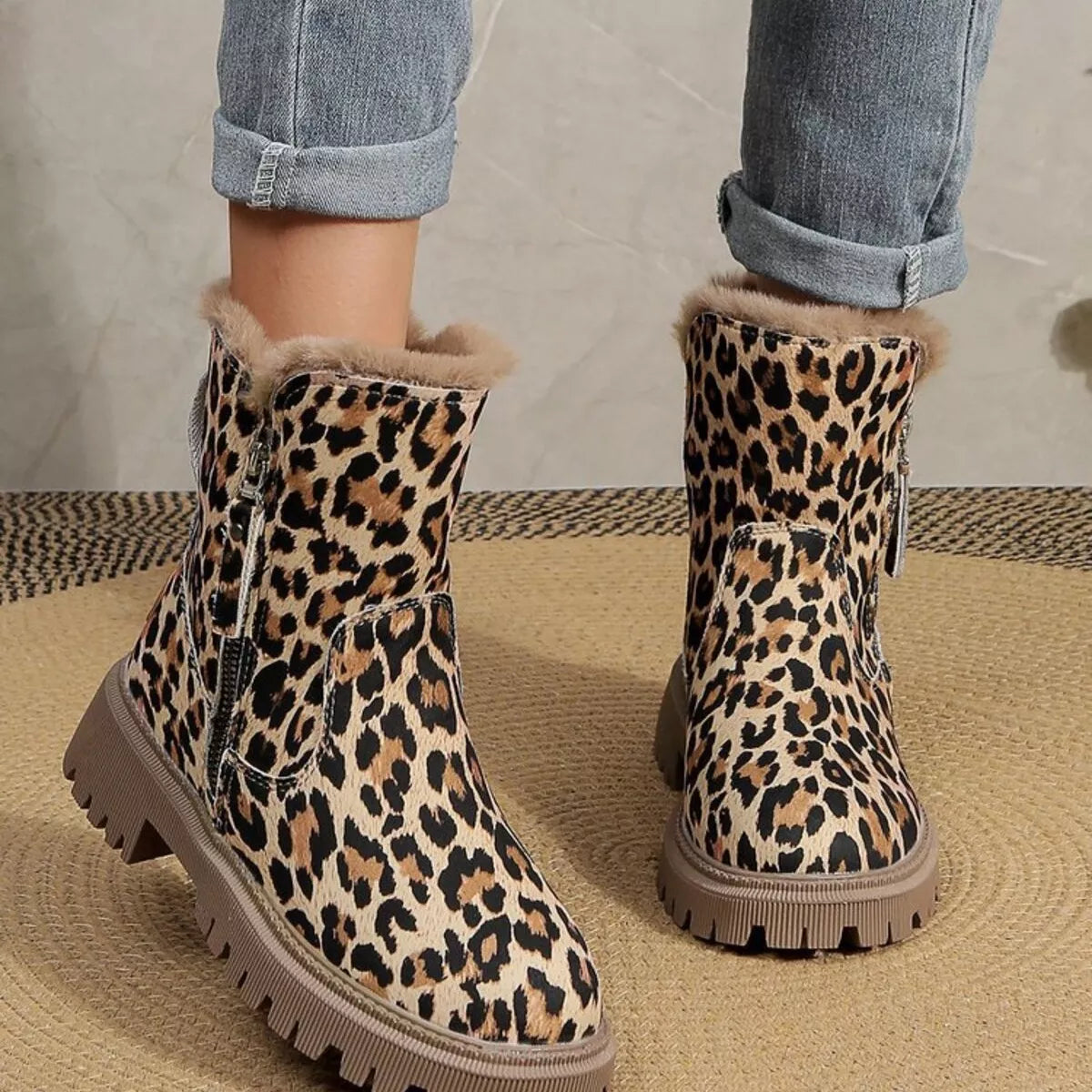 Leopard Print Fur Lined Ankle Boots