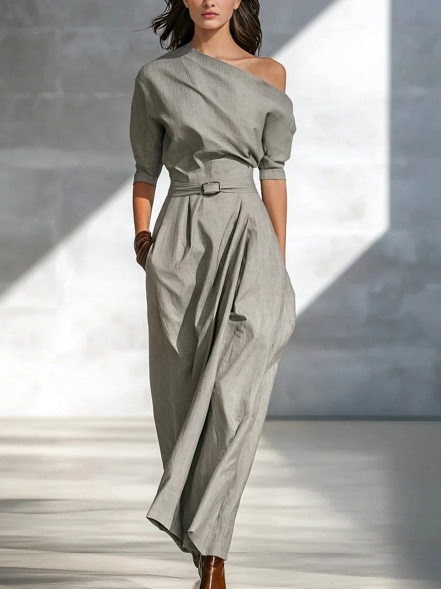 Women’s One-Shoulder Long Dress – Slanted Shoulder Waist-Defined Style
