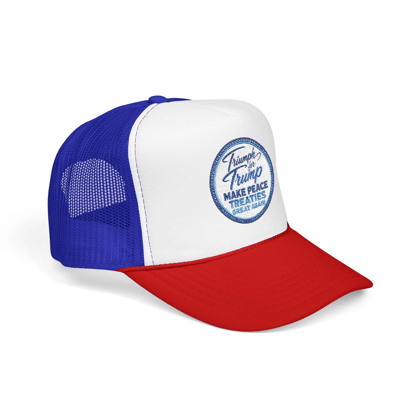 "Triumph for Trump: Make Peace Treaties Great Again" ✨EMBROIDERED Foam Trucker Hat — Vintage Trump Campaign Patch, Only @ LuxeByMimi✨