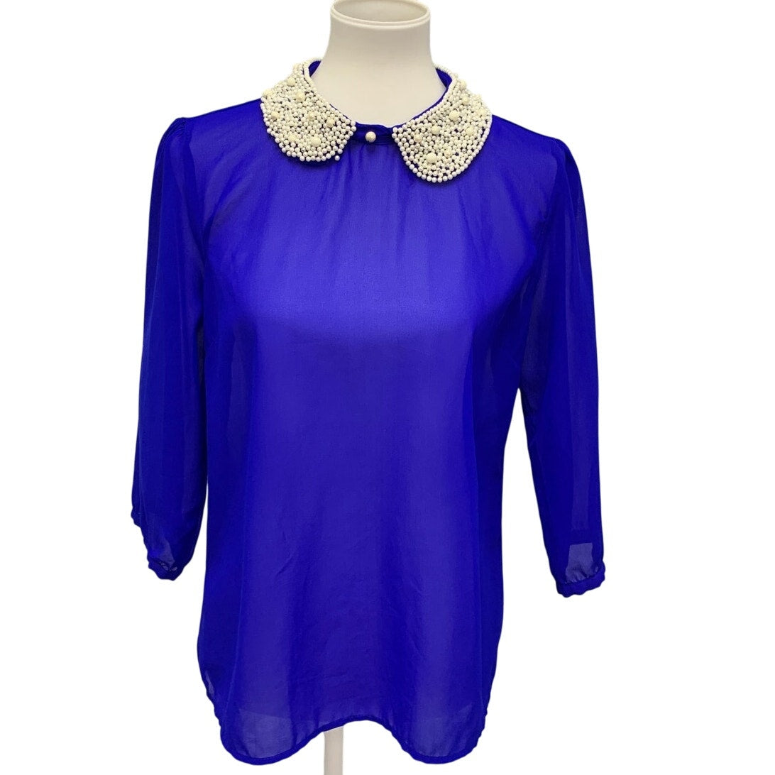 DizzyLizzy Womens Large Sheer Lightweight Pearl Beaded Collar Blouson Sleeve Top