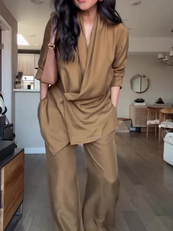 Wrap-Style Satin Blouse And Wide-Leg Pants Set
