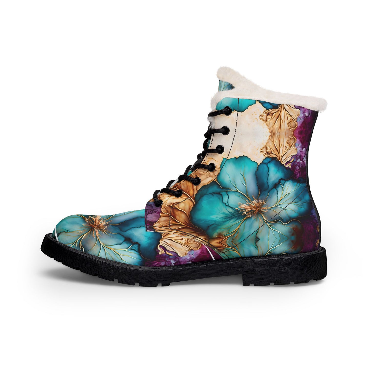 Teal Floral Fur-Lined Leather Boots — Women's Winter Ankle Boots