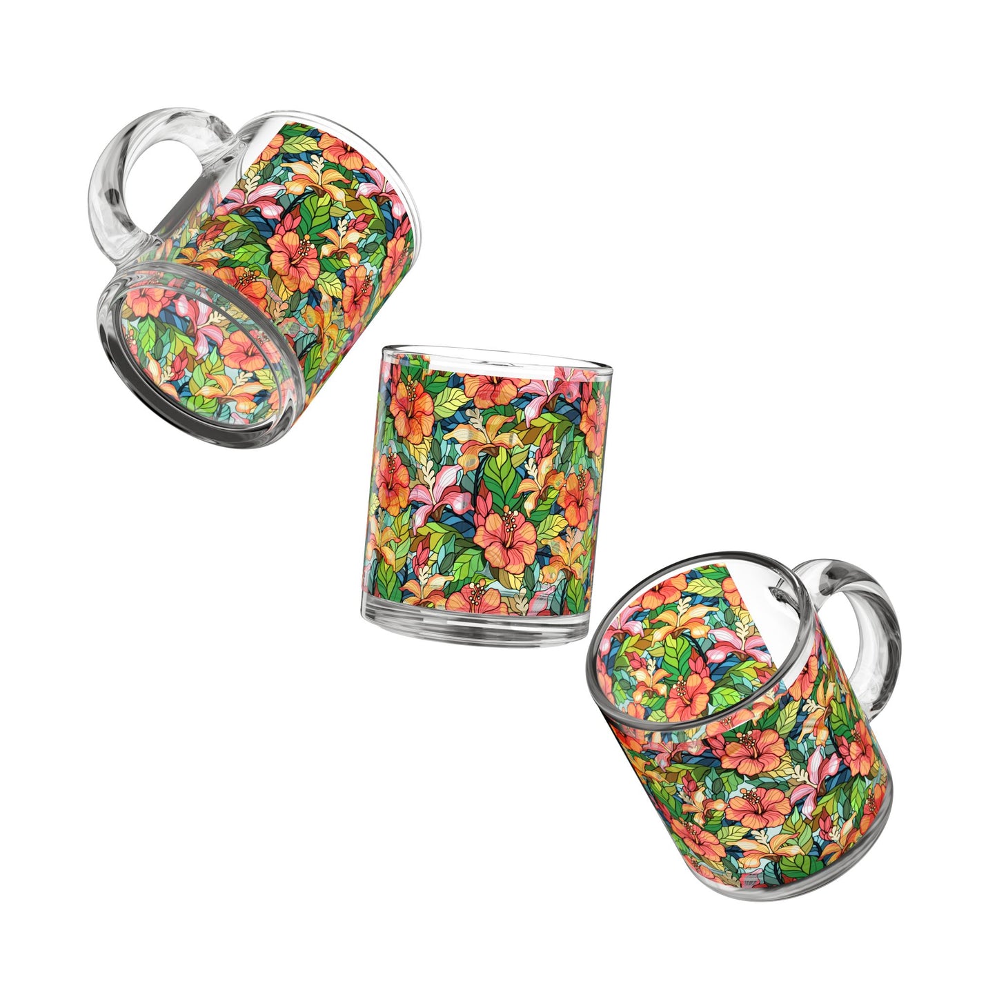 Multicolor Hibiscus Floral Print Stained Glass Mug, 10oz Glass Mug