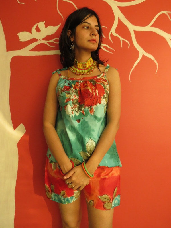 Red Teal Floral Shorts-4