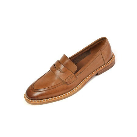 Round toe low heeled single shoes, retro style flat heeled women's shoes, brown