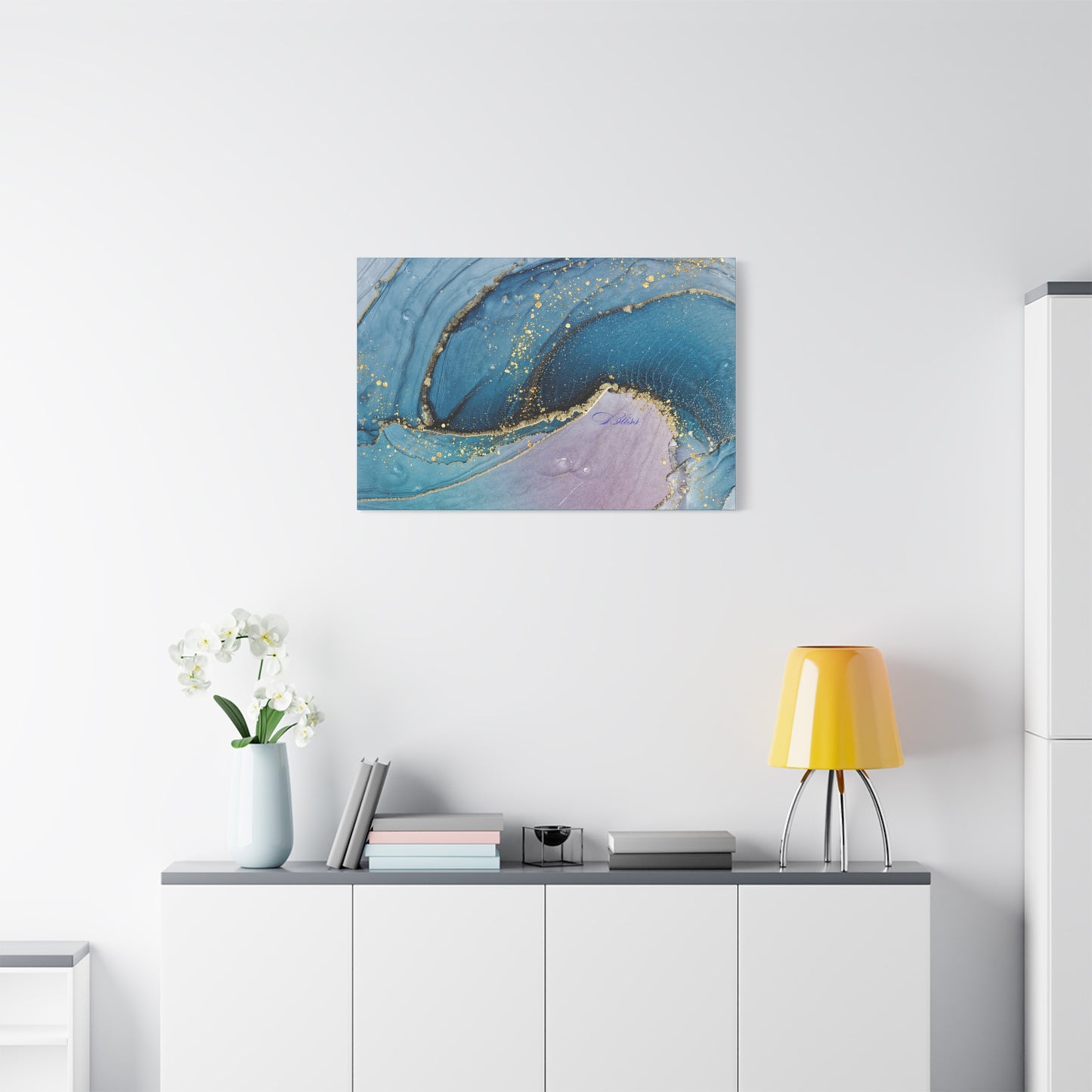 Canvas Wall Art, Abstract Ocean Wave, Modern Decor, Home Office, Gift for Her, Blue Gold Artwork, Living Room Wall Decor