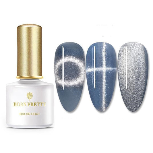 Smoothie Spar Wide Cat Eye Nail Polish bottle featuring Born Pretty branding, displayed alongside three nail swatches showcasing a mesmerizing gradient cat-eye effect.