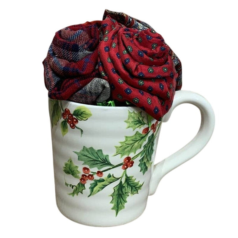 Handmade Upcycled Neck Tie Christmas Holiday Gift Rose Bouquet in Ceramic Mug