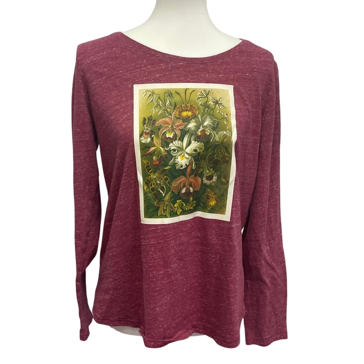 Hand Printed Upcycled Large Vintage Botanical Flower Long Sleeve Tee Shirt