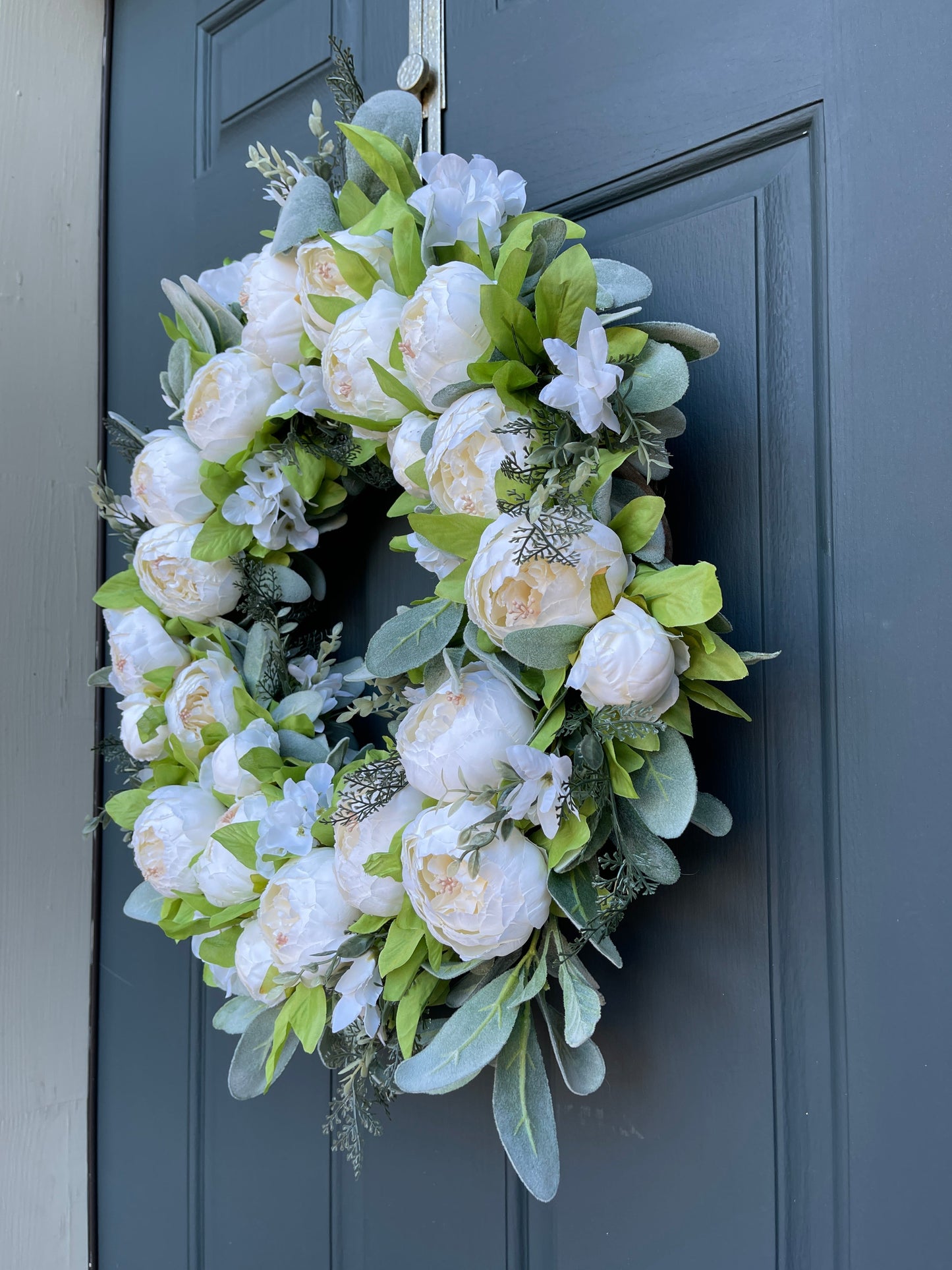White Peony and Lambs Ear Spring Wreath