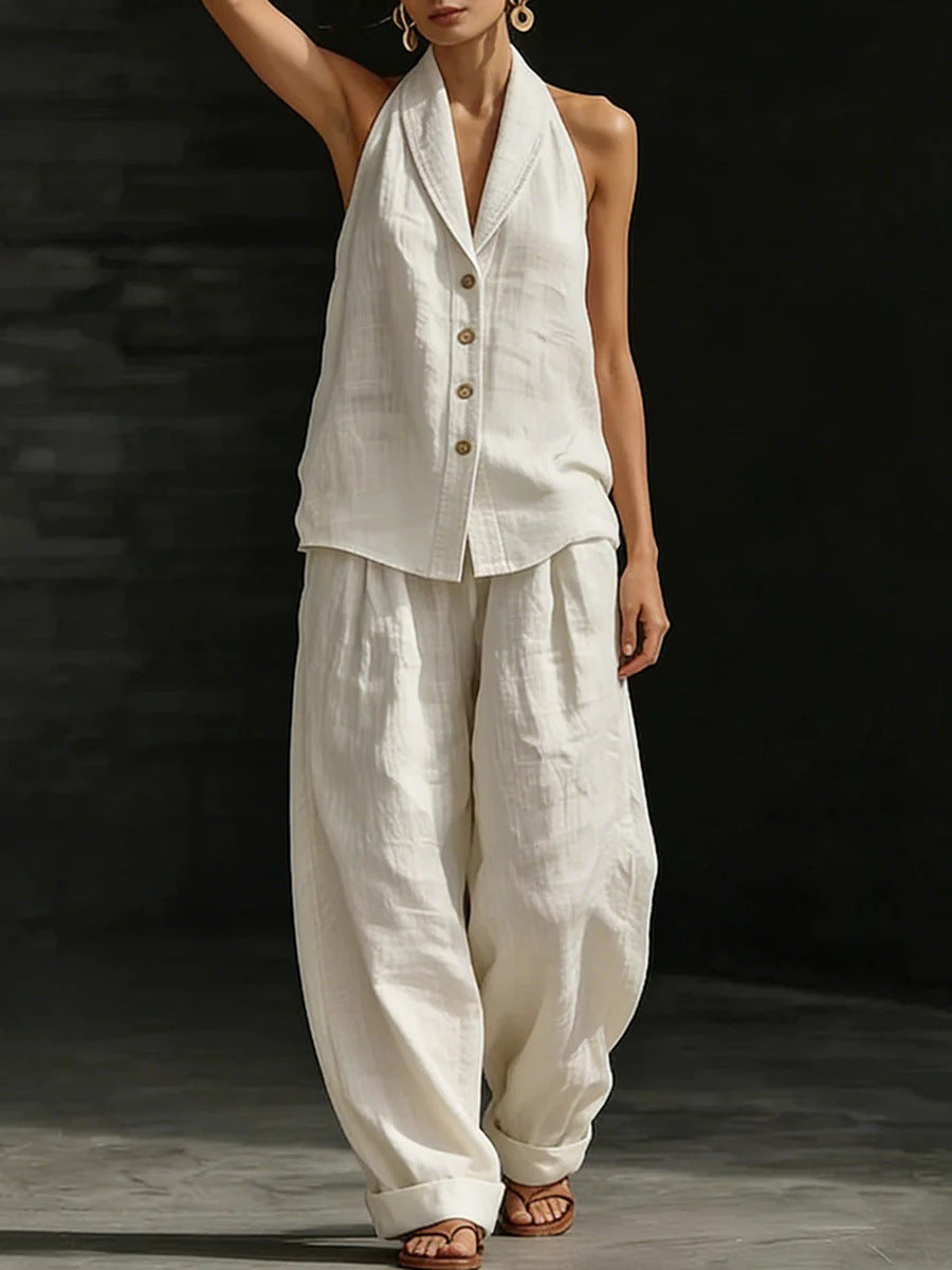Women's Sleeveless Vest & Wide-Leg Pants Cotton-Linen Two-Piece Set