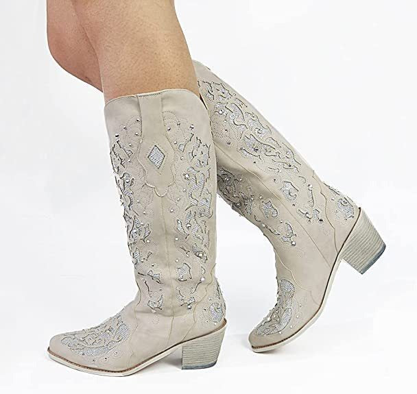 New European and American Retro Pointed Womens Shoes Embroidered Ethnic Style High Sleeve Solid Thick Heel Large Fashion Boots