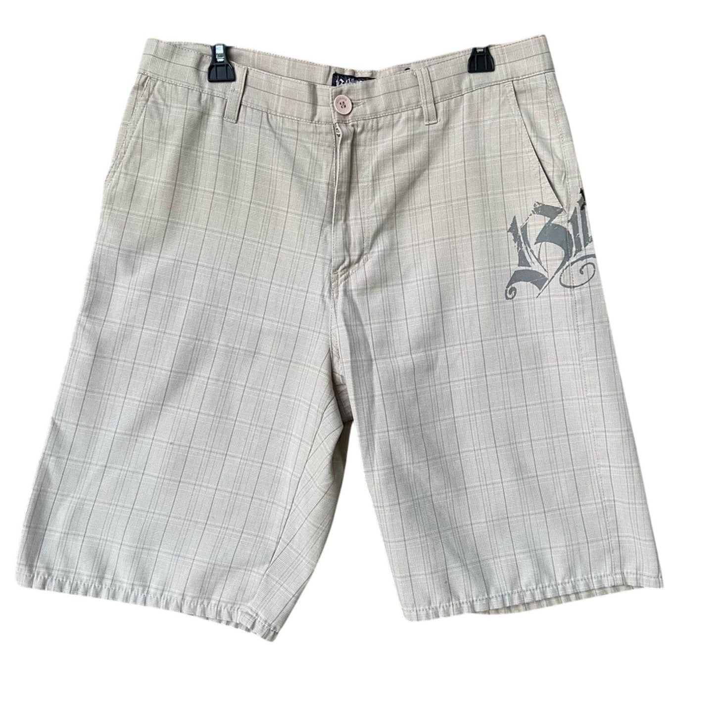 Men's Billabong Mens Size 34 PolyCotton Beige Plaid Print Shorts w Pockets