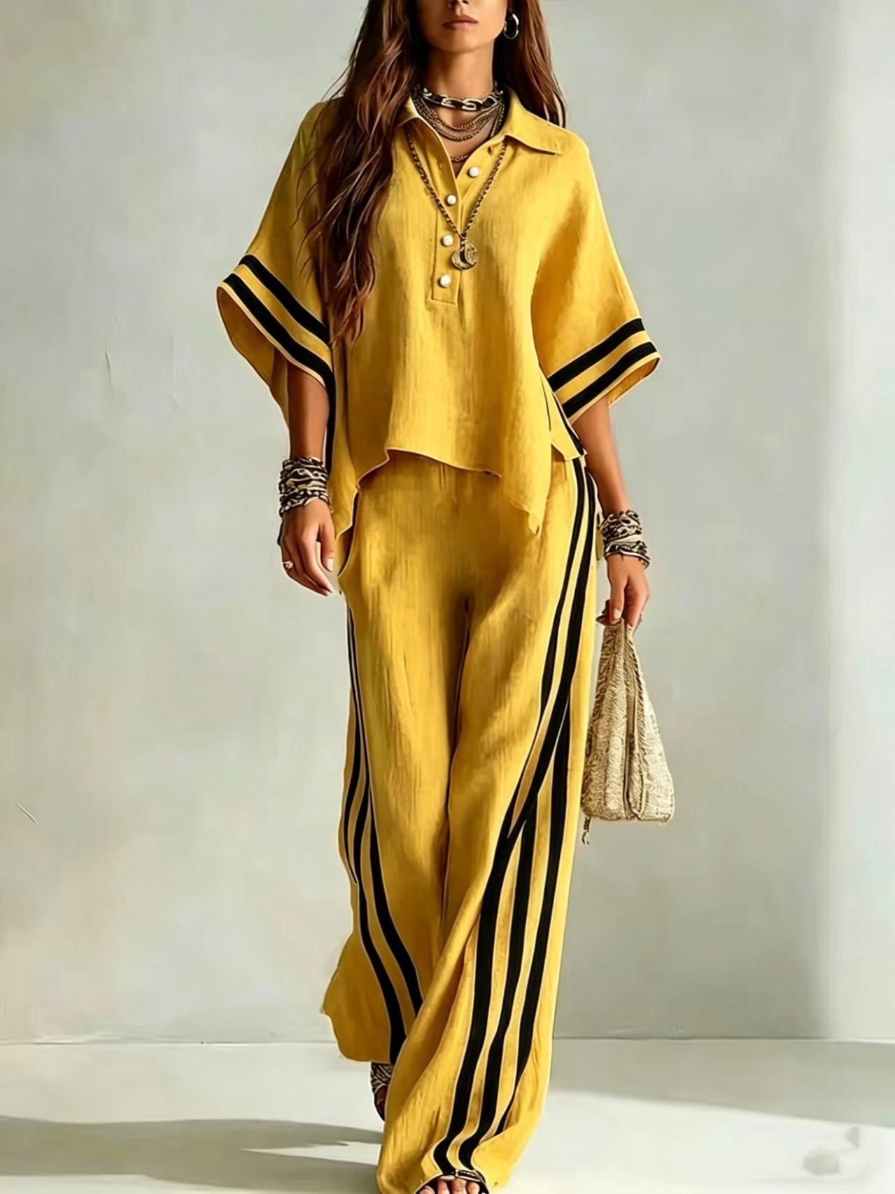 Womens Clothing Short-Sleeve Shirt And Loose Pants Two-Piece Set