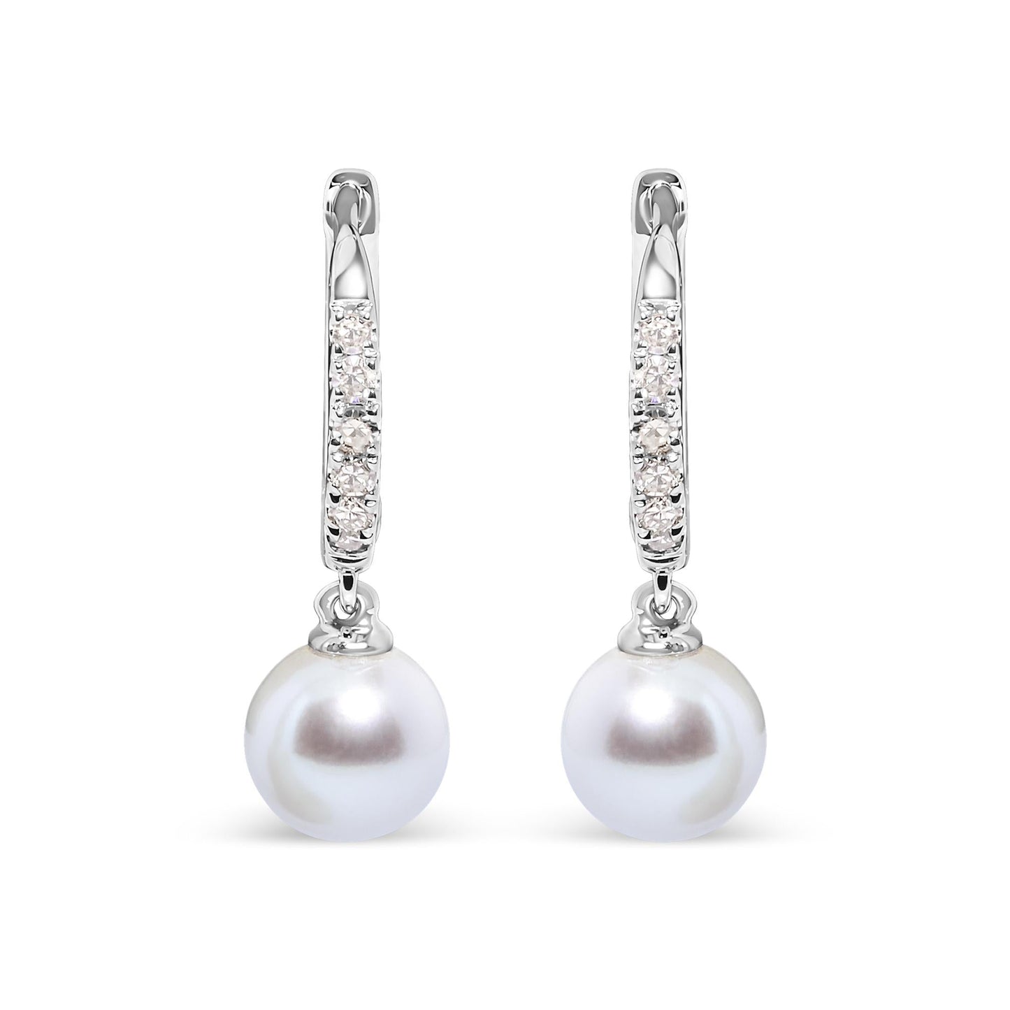 10K White Gold 6x6 MM Cultured Freshwater Pearl and Diamond Accent Drop Huggy Earring (H-I Color, I1-I2 Clarity)-0