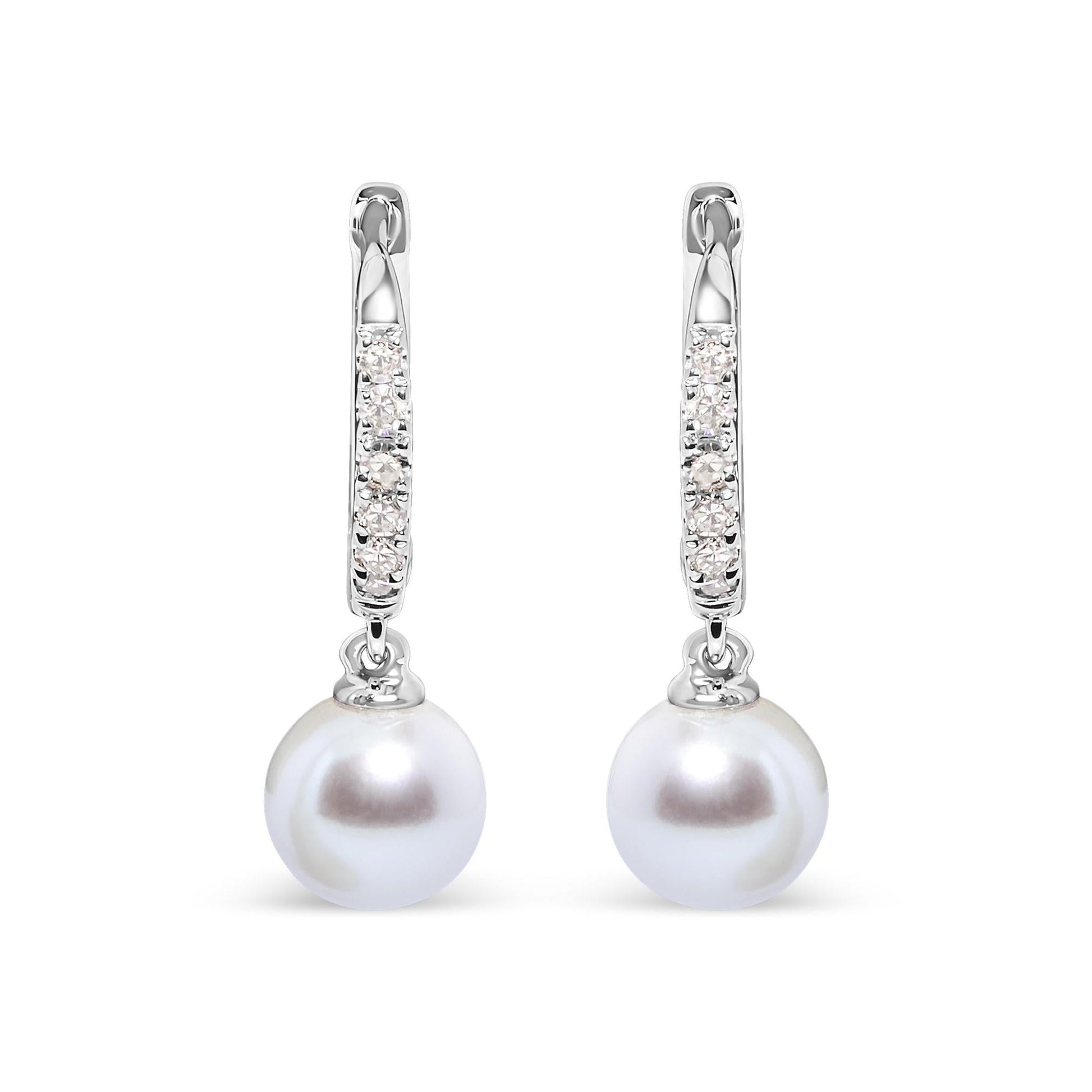 10K White Gold 6x6 MM Cultured Freshwater Pearl and Diamond Accent Drop Huggy Earring (H-I Color, I1-I2 Clarity)-0