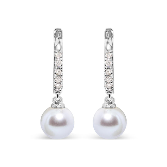10K White Gold 6x6 MM Cultured Freshwater Pearl and Diamond Accent Drop Huggy Earring (H-I Color, I1-I2 Clarity)-0