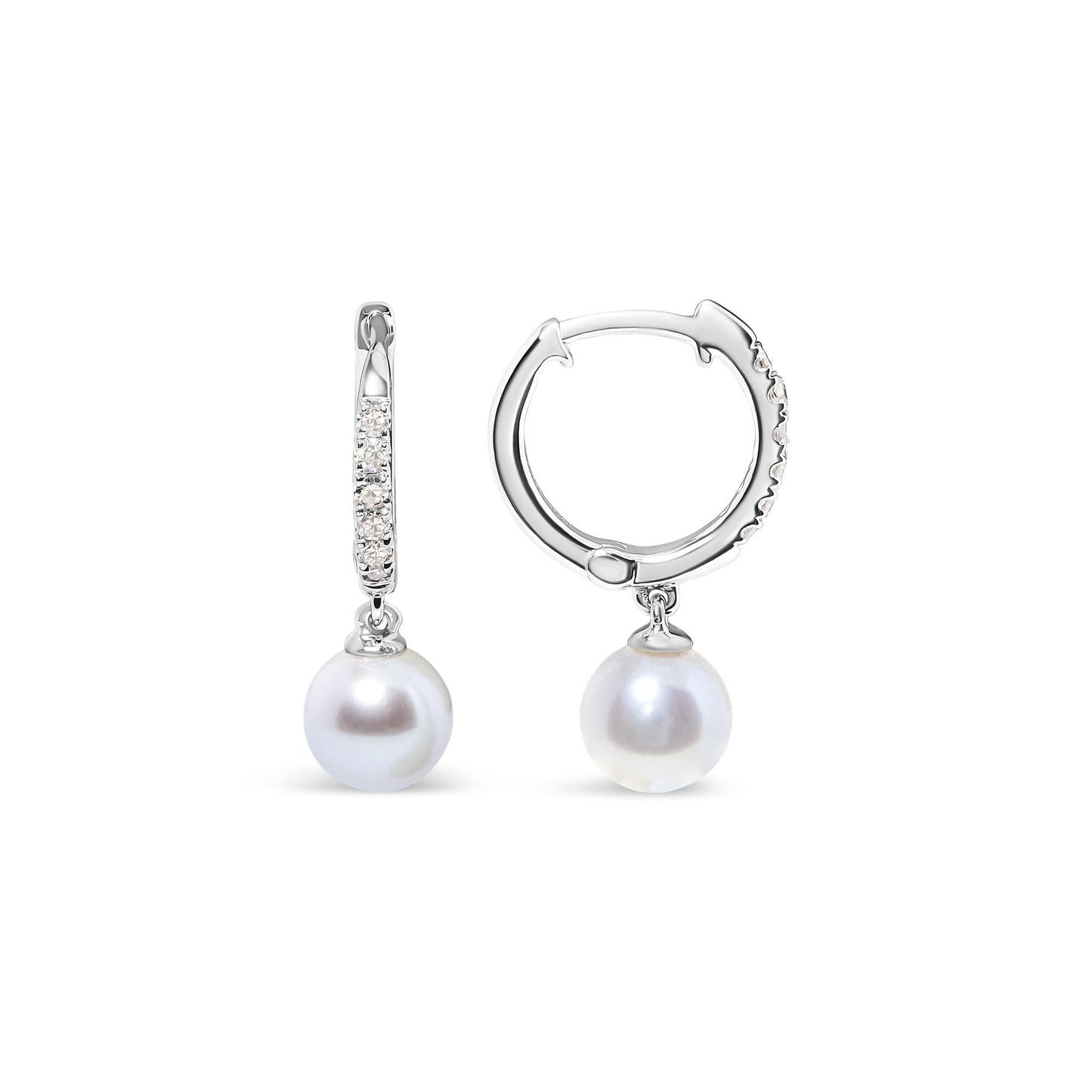 10K White Gold 6x6 MM Cultured Freshwater Pearl and Diamond Accent Drop Huggy Earring (H-I Color, I1-I2 Clarity)-3