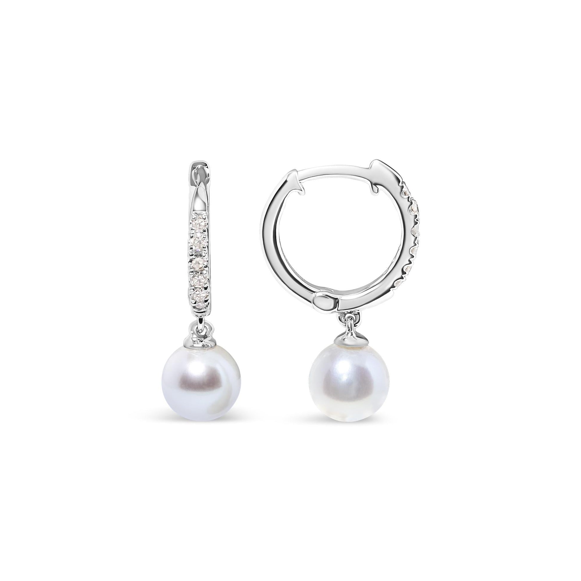 10K White Gold 6x6 MM Cultured Freshwater Pearl and Diamond Accent Drop Huggy Earring (H-I Color, I1-I2 Clarity)-3