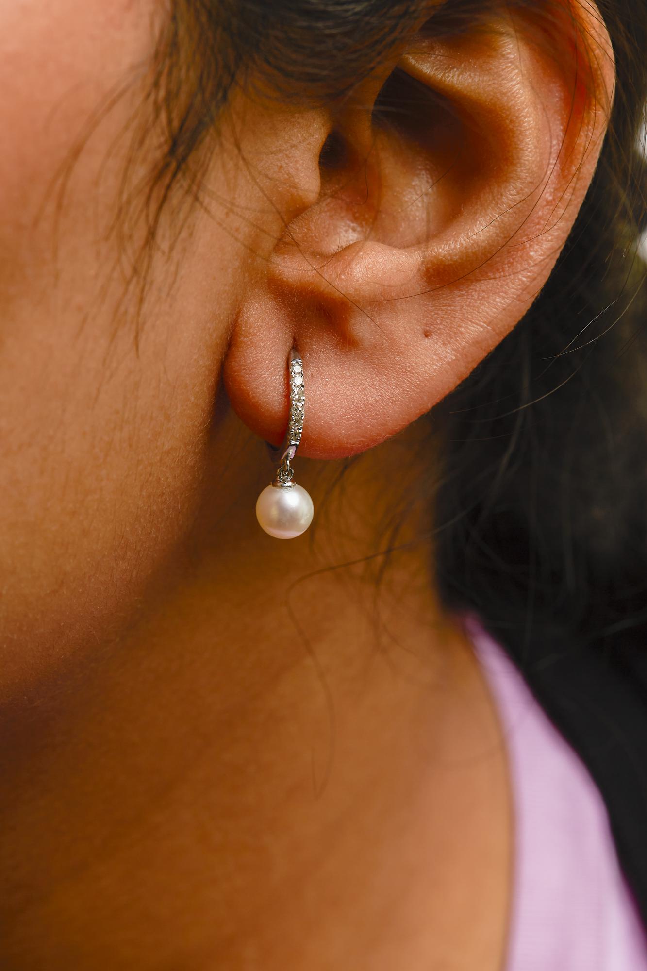 10K White Gold 6x6 MM Cultured Freshwater Pearl and Diamond Accent Drop Huggy Earring (H-I Color, I1-I2 Clarity)-2