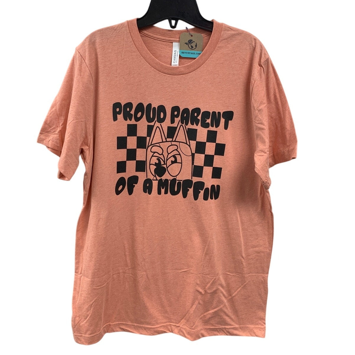 New Hand Printed Womens Large Proud Parent Of A Muffin Bluey Dog Tee Shirt