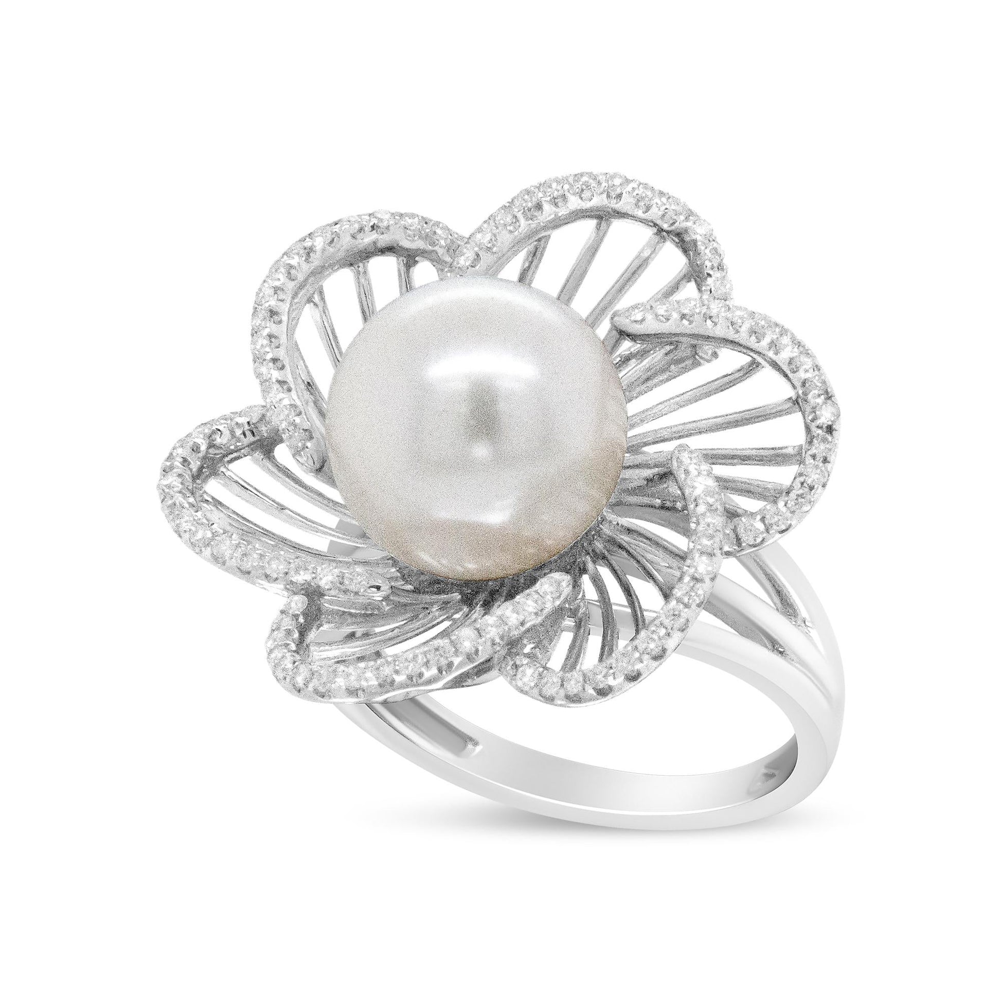 14K White Gold 11mm Round Pearl and 1/3 Cttw Round Diamond Openwork Flower Blossom Ring (H-I Color, VS1-VS2 Clarity)-3