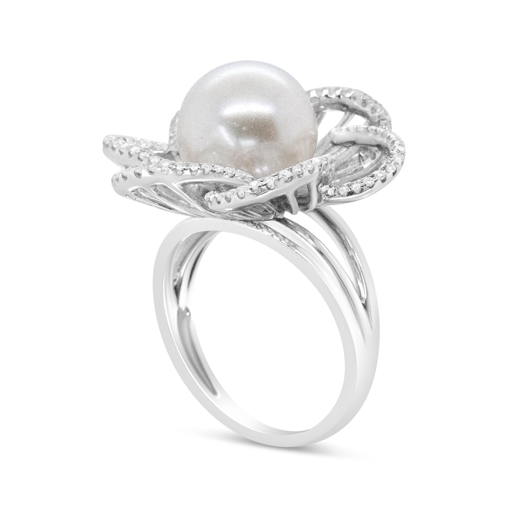 14K White Gold 11mm Round Pearl and 1/3 Cttw Round Diamond Openwork Flower Blossom Ring (H-I Color, VS1-VS2 Clarity)-4
