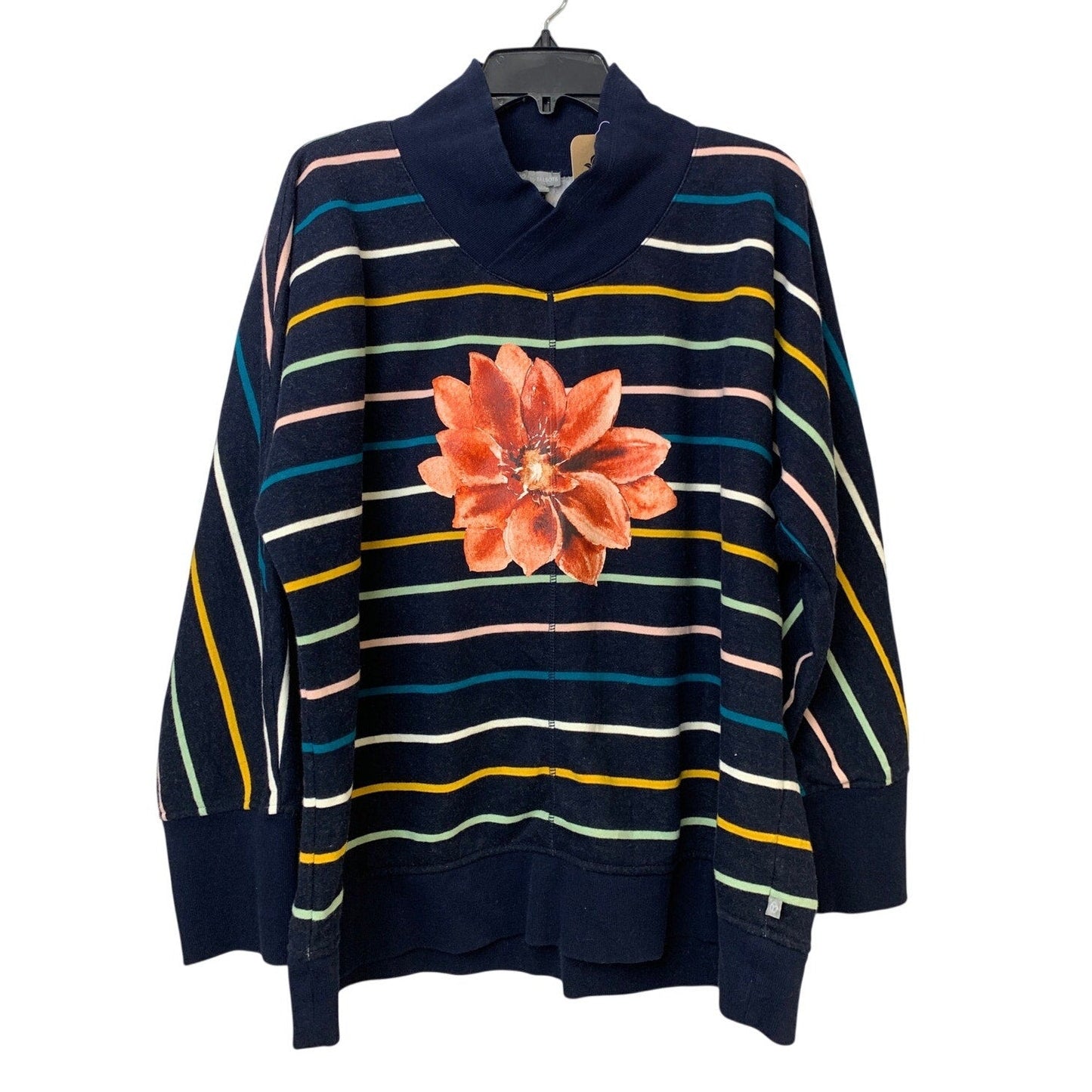 Upcycled Hand Printed Womens Size XL Poinsettia Red Flower Striped Sweatshirt