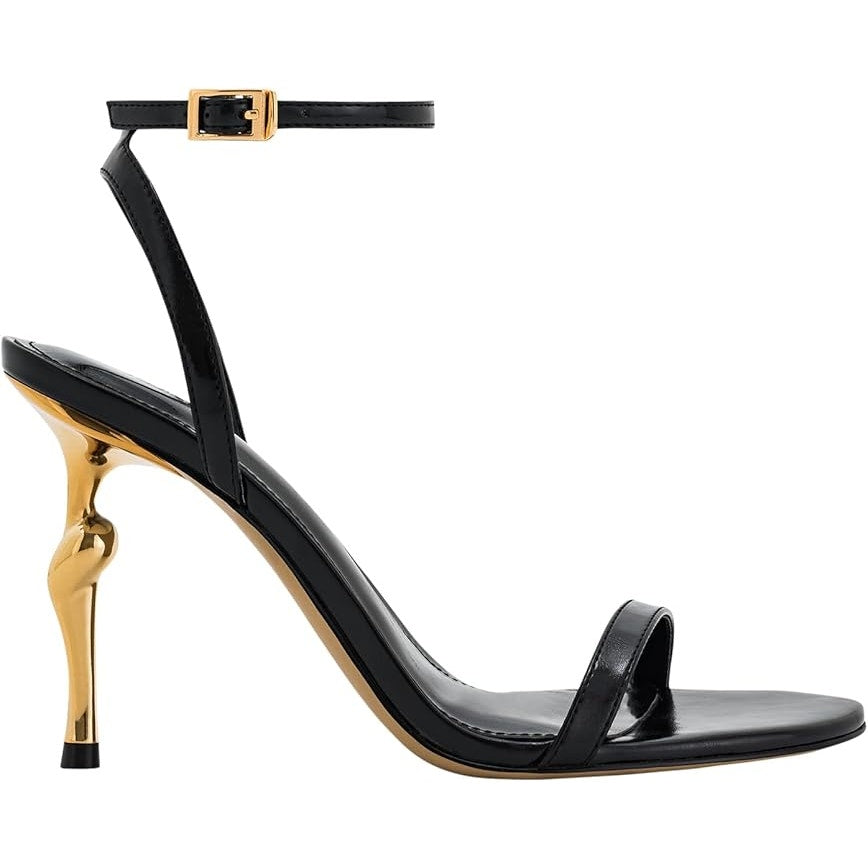 JW PEI Womens Size 8.5 Black Leather Alivia Gold Metal 4" Heels Sandals Shoes