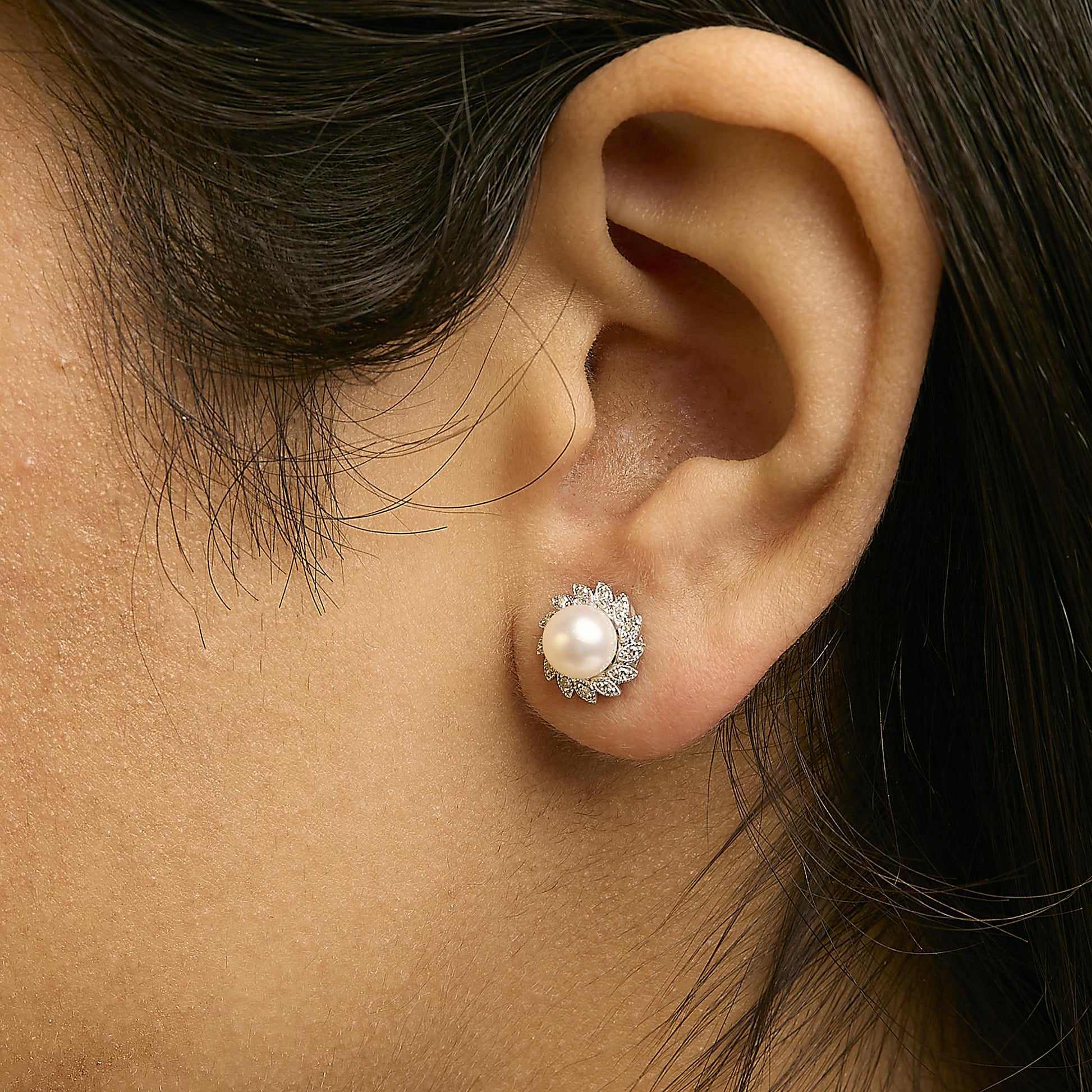 10K White Gold Heirloom-Style Pearl and Diamond Accent Halo Stud Earrings (I-J color, I1-I2 Clarity)-2