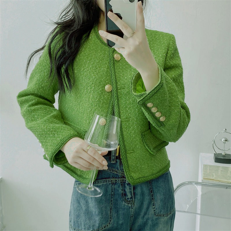Green wool small fragrant style jacket for women's high-end design with a sense of spring and autumn temperament Short top